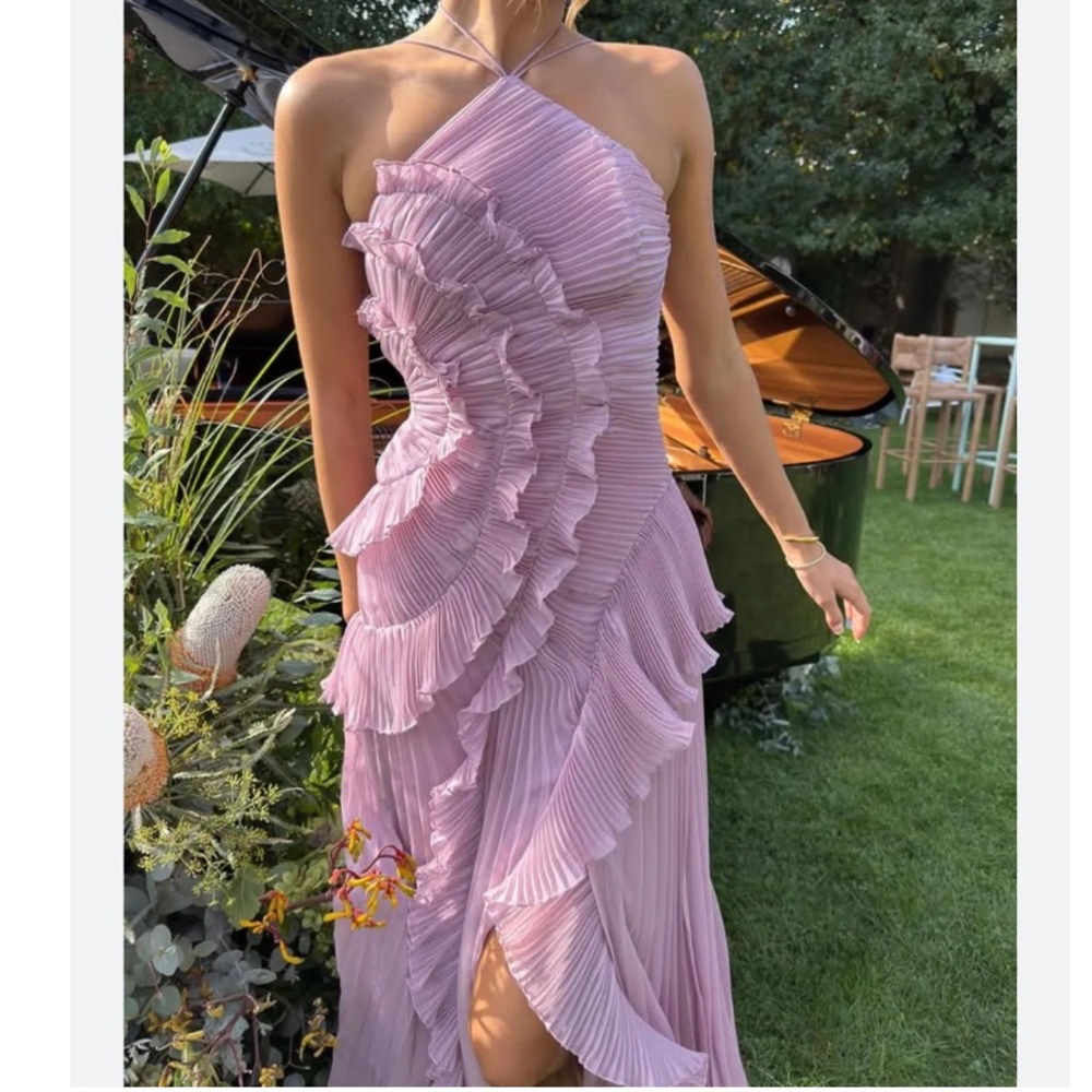 AMUR Lorelie Halter Pleated Rosette Side Gown in Water Hyacinth Viral size 8 US - Picture 8 of 14